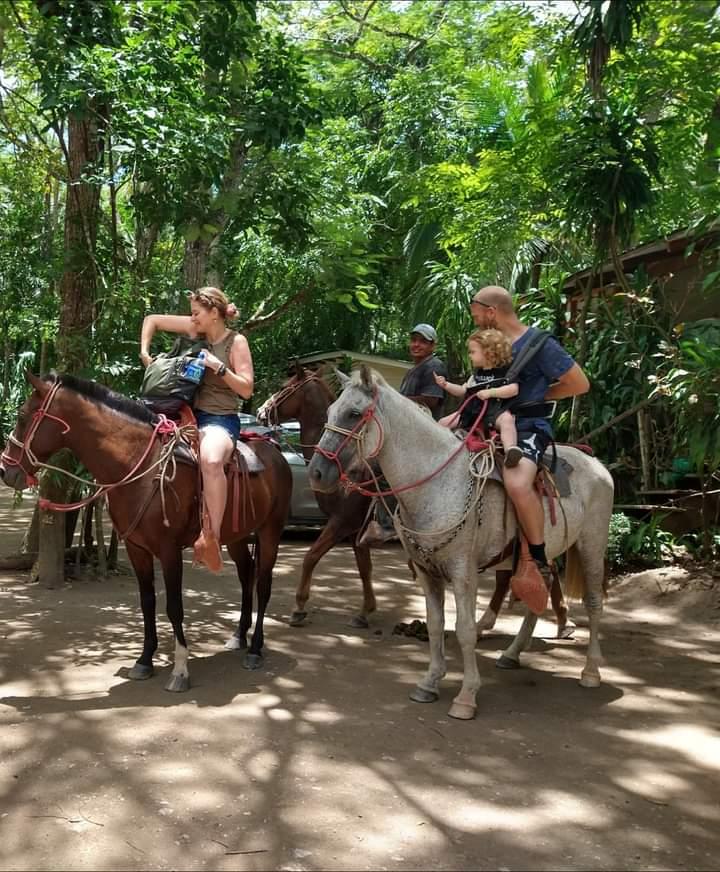 Visitors on a horseback riding tour through the forest at Curú